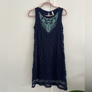 navy dress with white embroidery